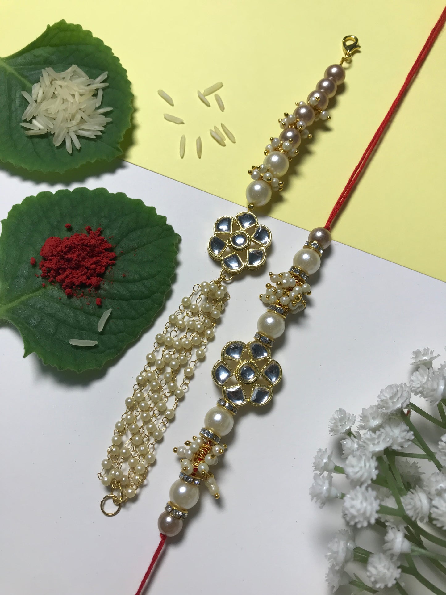 Ritika – Handcrafted Pearl Kundan Rakhi Set