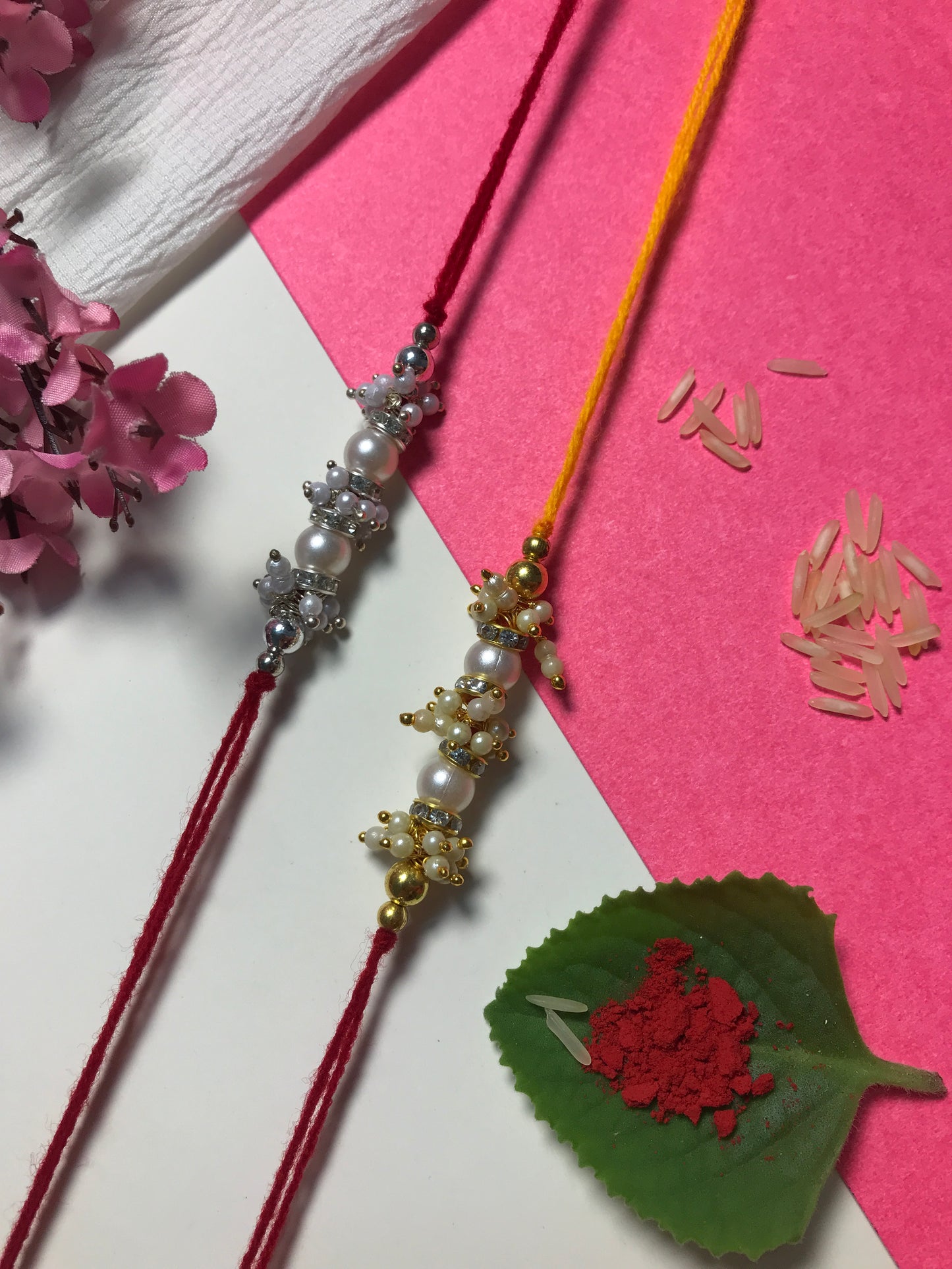 Minimal Pearl Bead Rakhi for Brother – Handmade Traditional Rakhi in Silver & Gold Tones