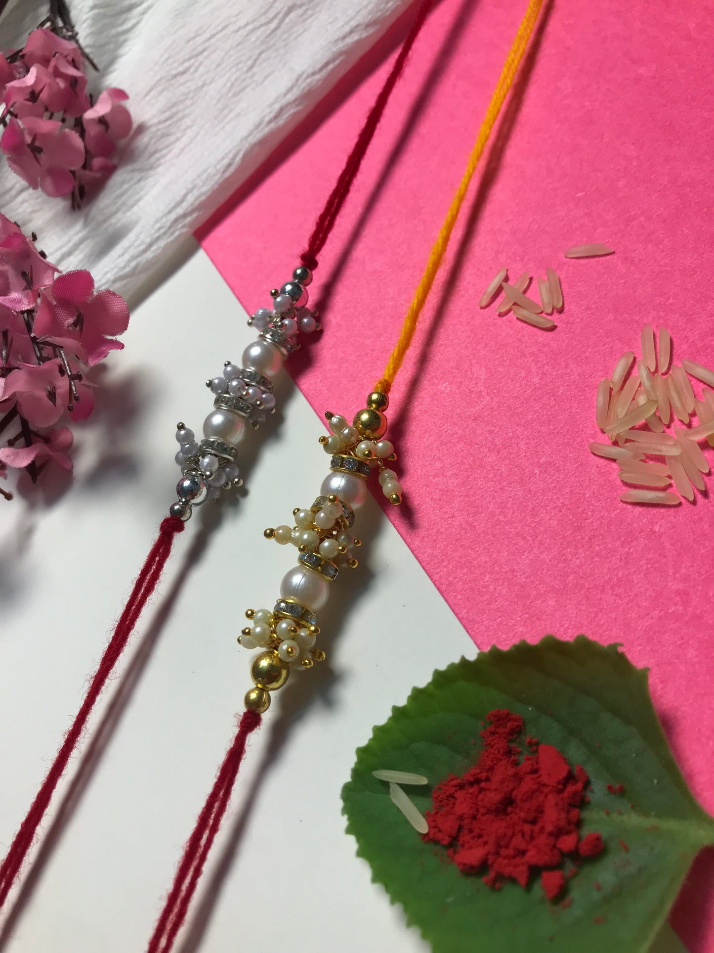 Minimal Pearl Bead Rakhi for Brother – Handmade Traditional Rakhi in Silver & Gold Tones