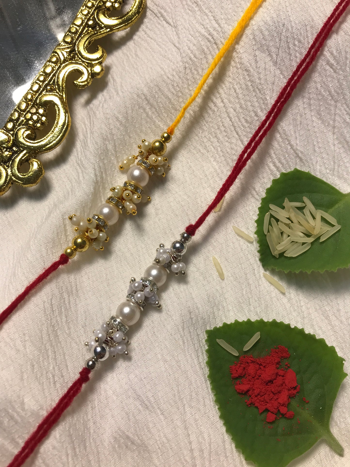 Minimal Pearl Bead Rakhi for Brother – Handmade Traditional Rakhi in Silver & Gold Tones