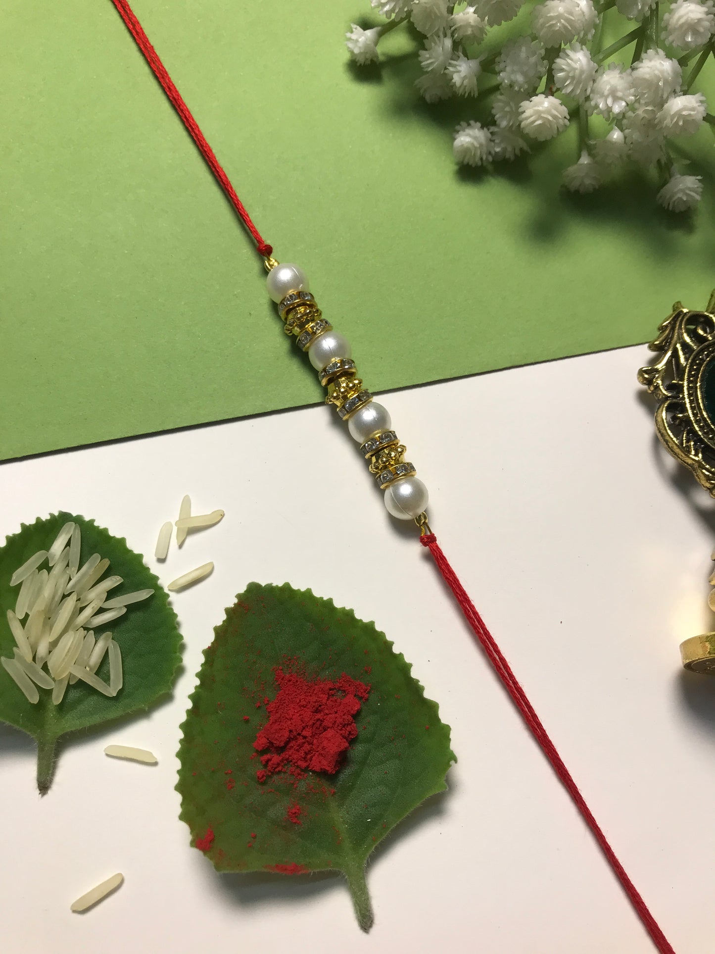 Golden Aura Rakhi in Multiple Colors – Handmade Pearl Rakhi for Raksha Bandhan