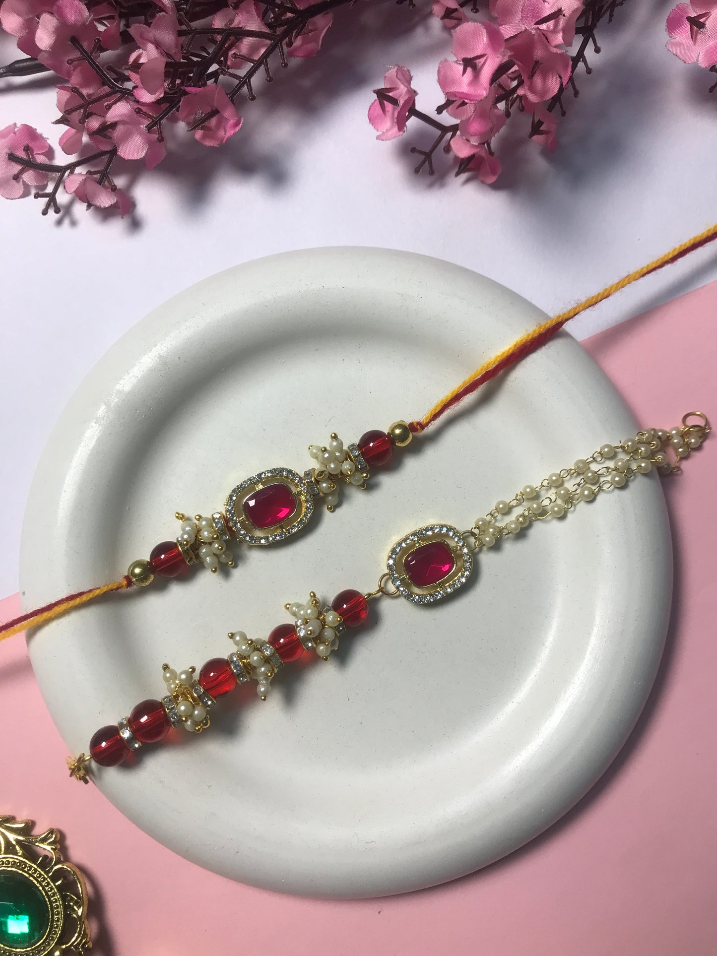 Premium Pearl Chain Rakhi for Brother – Handmade Designer Rakhi with Red Beads & Stone Work | Raksha Bandhan Gift 2025