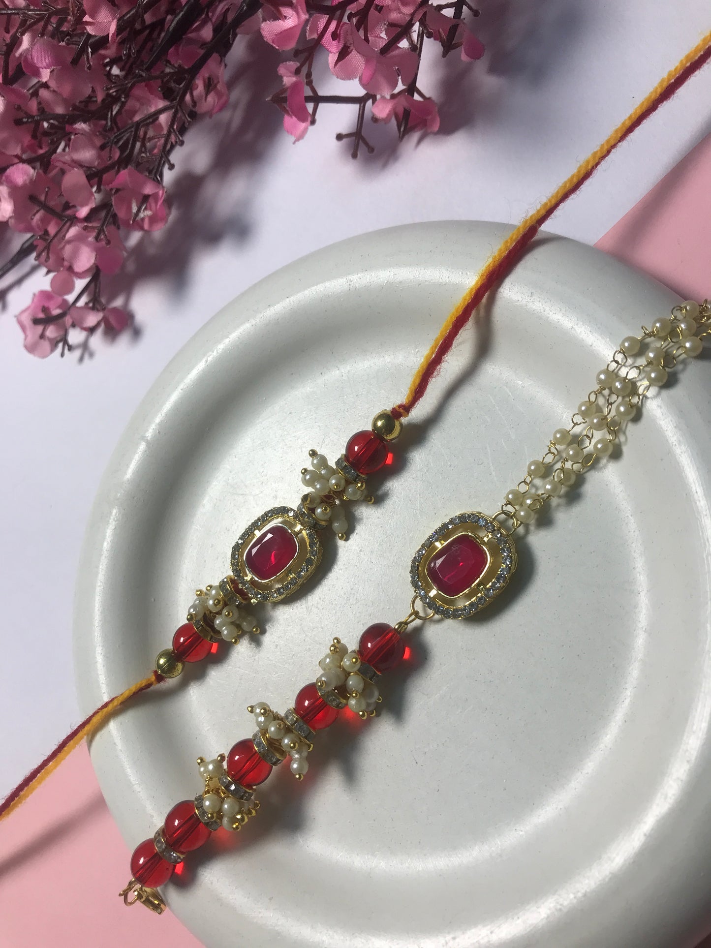 Premium Pearl Chain Rakhi for Brother – Handmade Designer Rakhi with Red Beads & Stone Work | Raksha Bandhan Gift 2025
