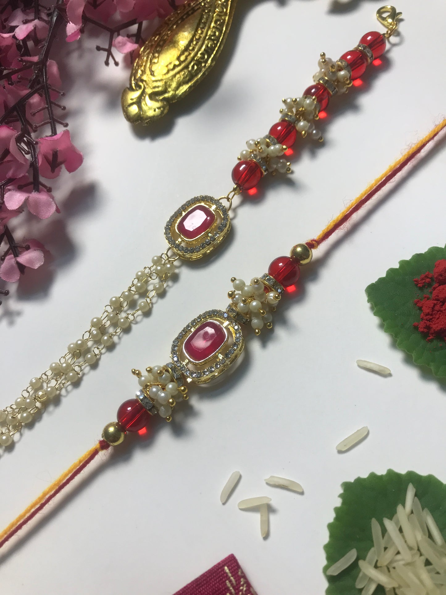 Premium Pearl Chain Rakhi for Brother – Handmade Designer Rakhi with Red Beads & Stone Work | Raksha Bandhan Gift 2025
