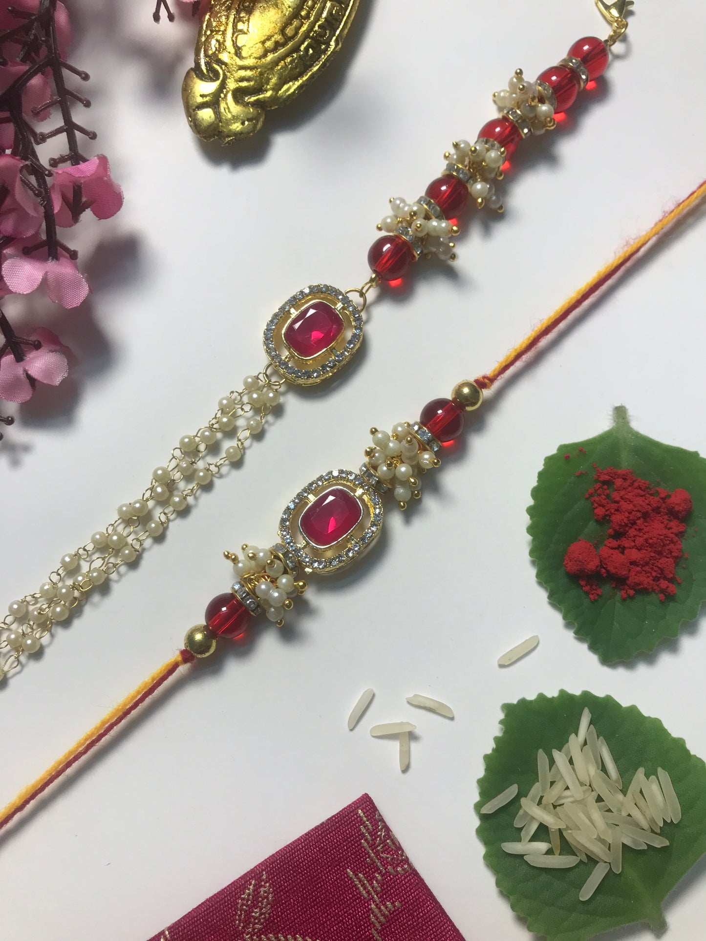 Premium Pearl Chain Rakhi for Brother – Handmade Designer Rakhi with Red Beads & Stone Work | Raksha Bandhan Gift 2025