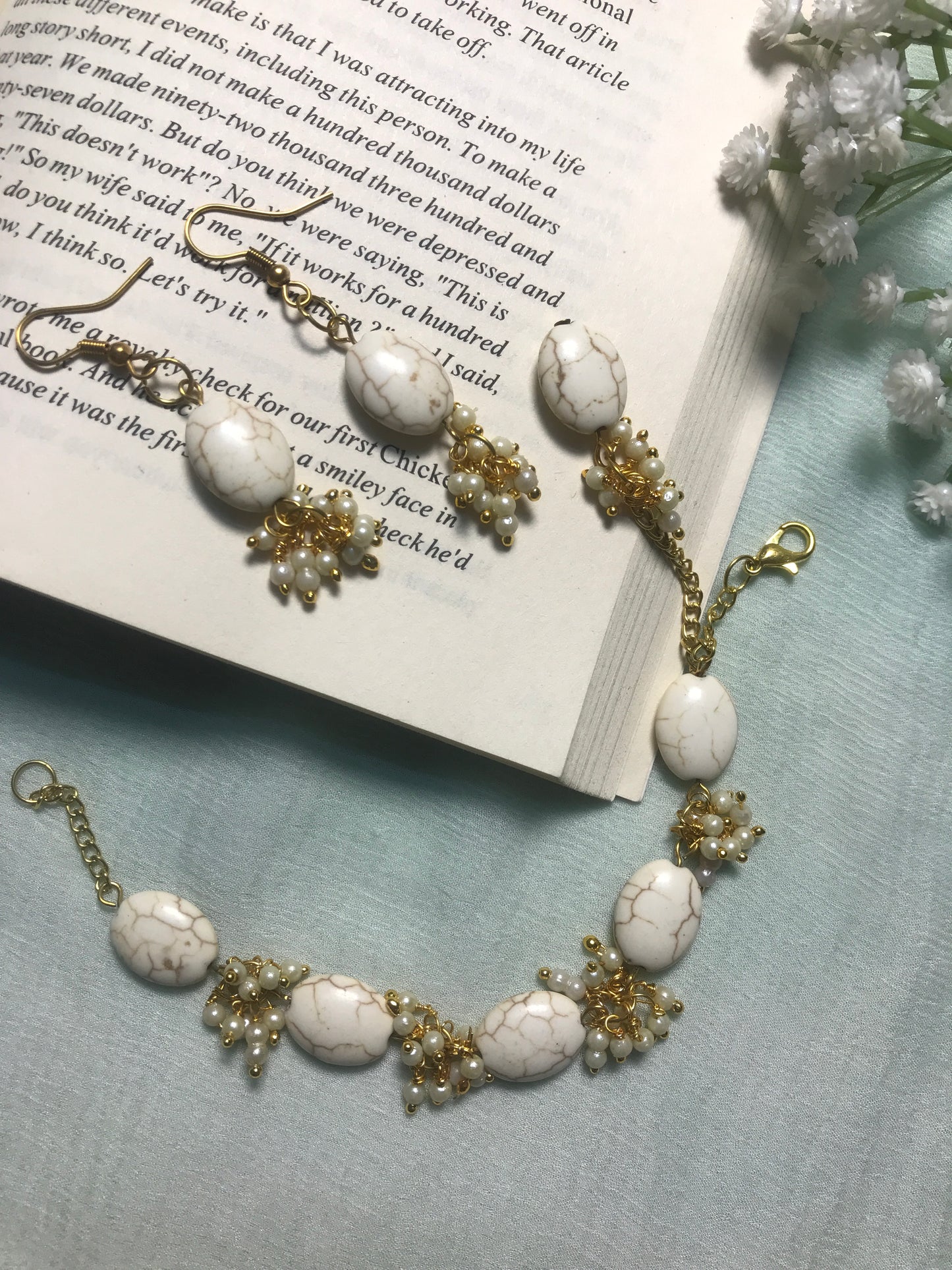 Handmade White Stone Bracelet & Earrings Set with Pearl Beads