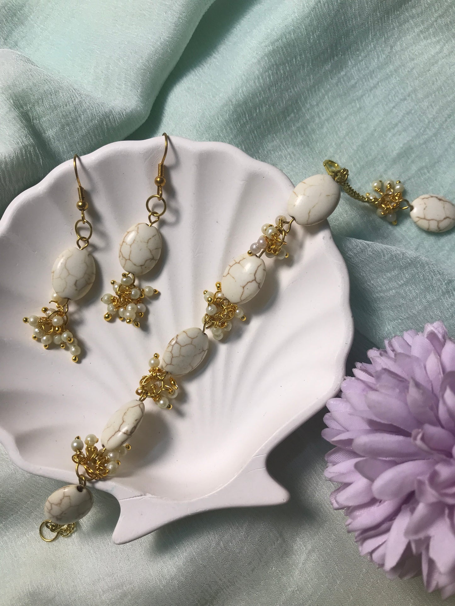 Handmade White Stone Bracelet & Earrings Set with Pearl Beads