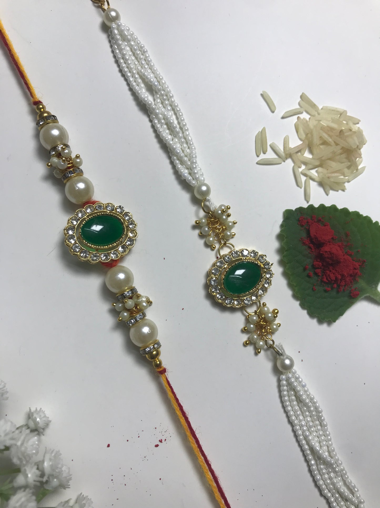 Designer Green Stone Pearl Rakhi Online – Handmade Traditional Rakhi for Brother Raksha Bandhan