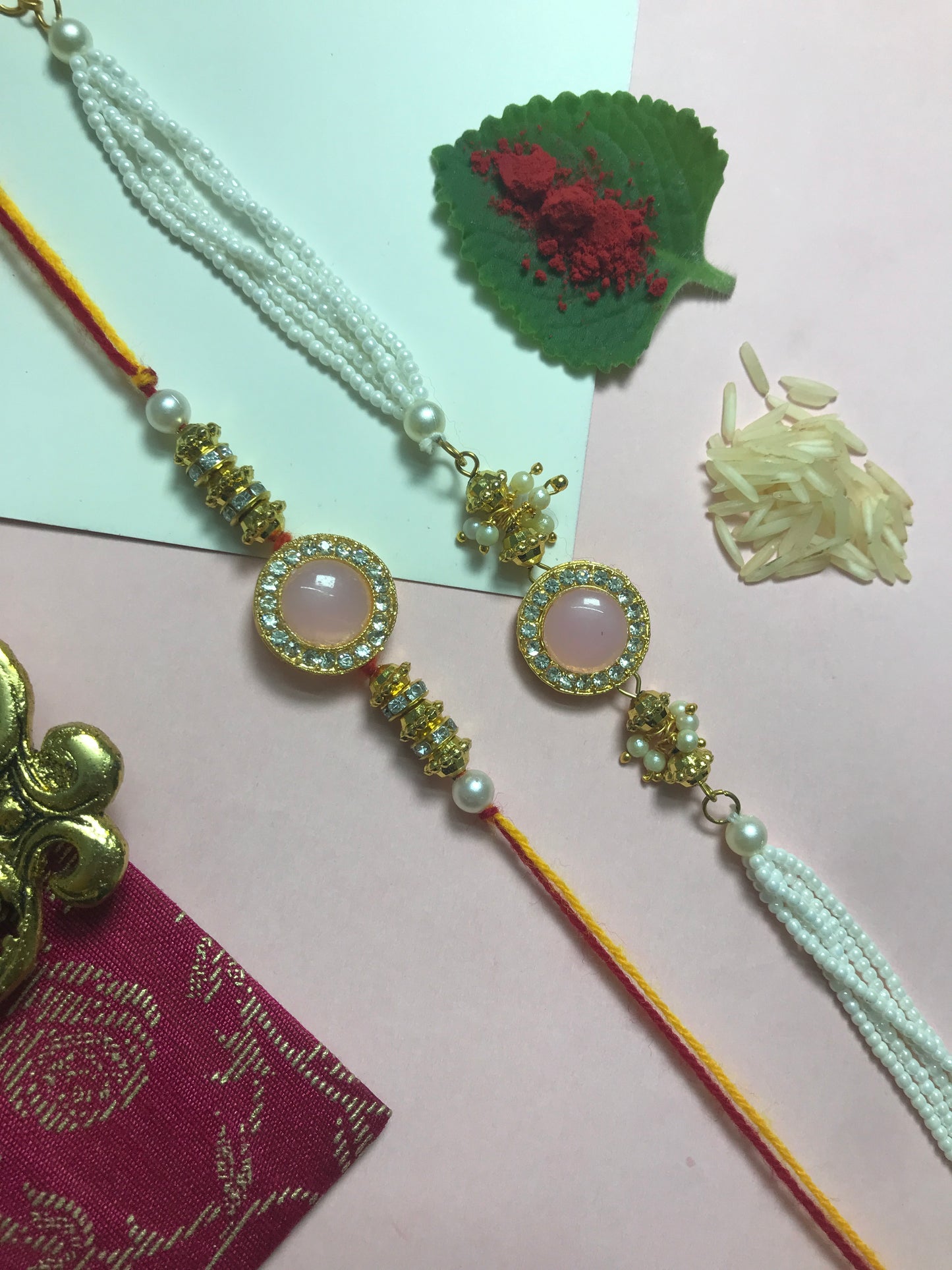 Pink Stone Pearl Rakhi – Handmade Traditional Rakhi for Brother Raksha Bandhan