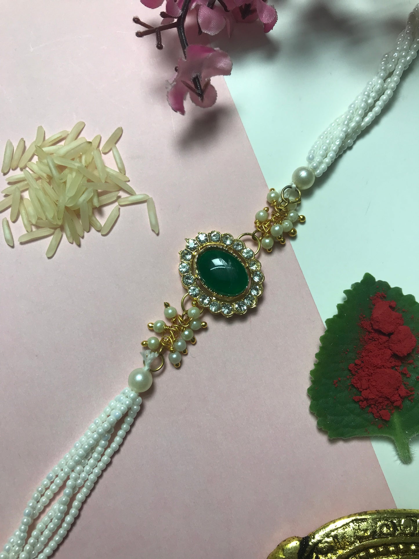 Designer Green Stone Pearl Rakhi Online – Handmade Traditional Rakhi for Brother Raksha Bandhan