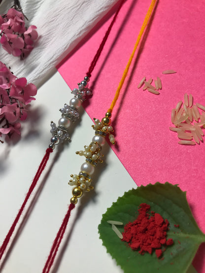 Minimal Pearl Bead Rakhi for Brother – Handmade Traditional Rakhi in Silver & Gold Tones