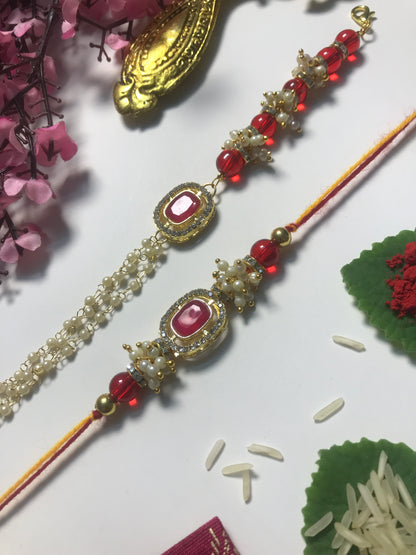 Premium Pearl Chain Rakhi for Brother – Handmade Designer Rakhi with Red Beads & Stone Work | Raksha Bandhan Gift 2025