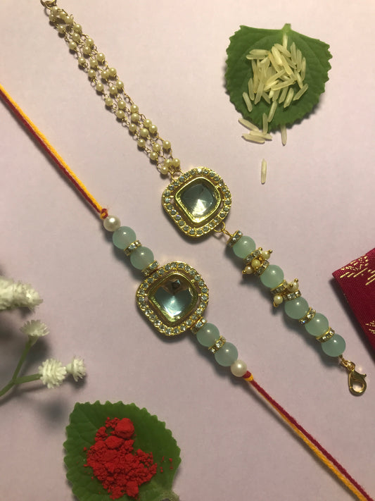 Elegant Mint Stone Rakhi for Brother – Handmade Rakhi with Blue Beads & Designer Pearl Chain