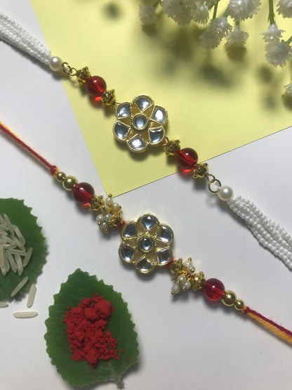 Kundan Pearl Designer Rakhi for Brother – Handmade Traditional Rakhi with Red Beads & Floral Stone Design | Raksha Bandhan Gift 2025