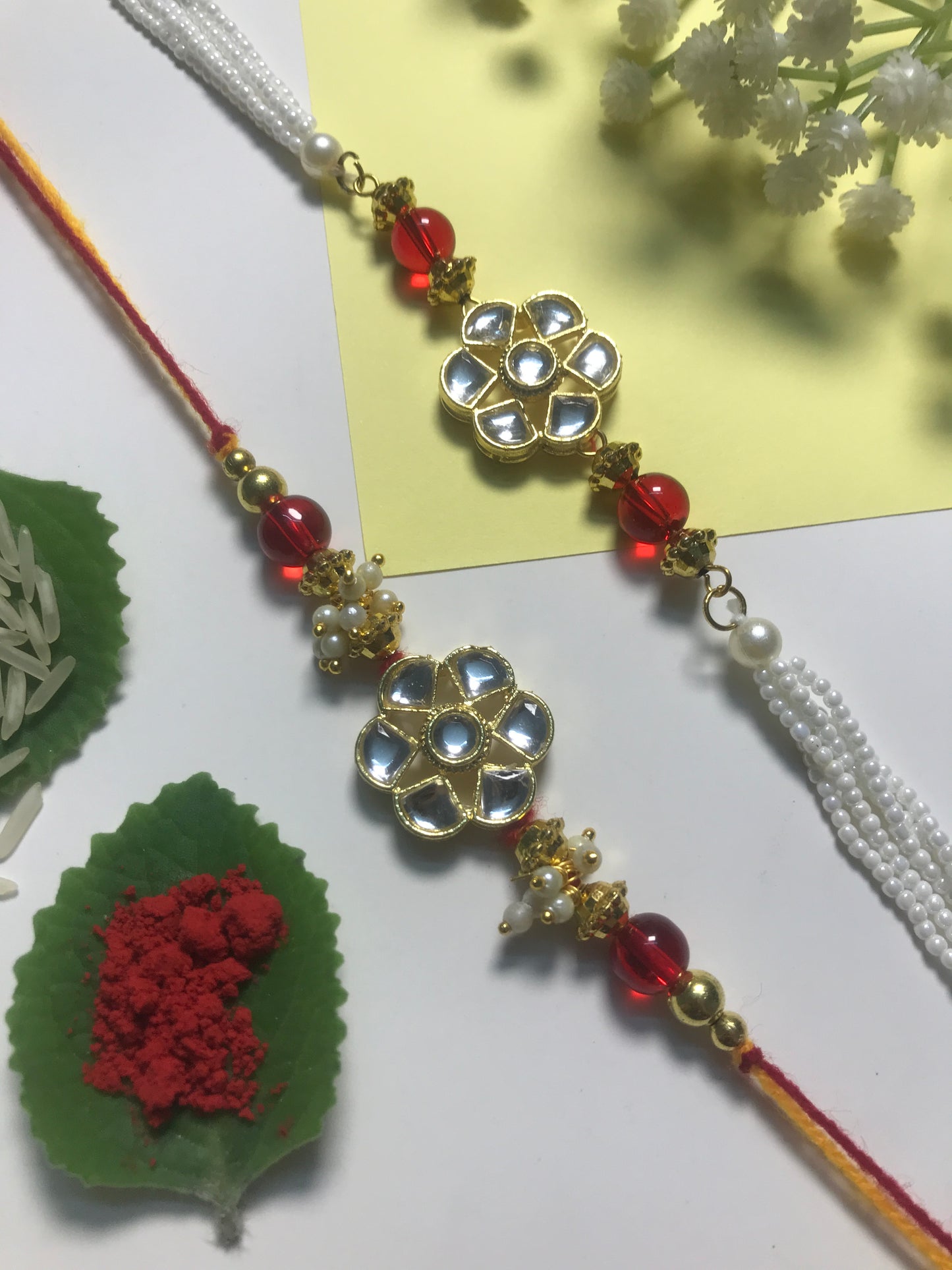 Kundan Pearl Designer Rakhi for Brother – Handmade Traditional Rakhi with Red Beads & Floral Stone Design | Raksha Bandhan Gift 2025