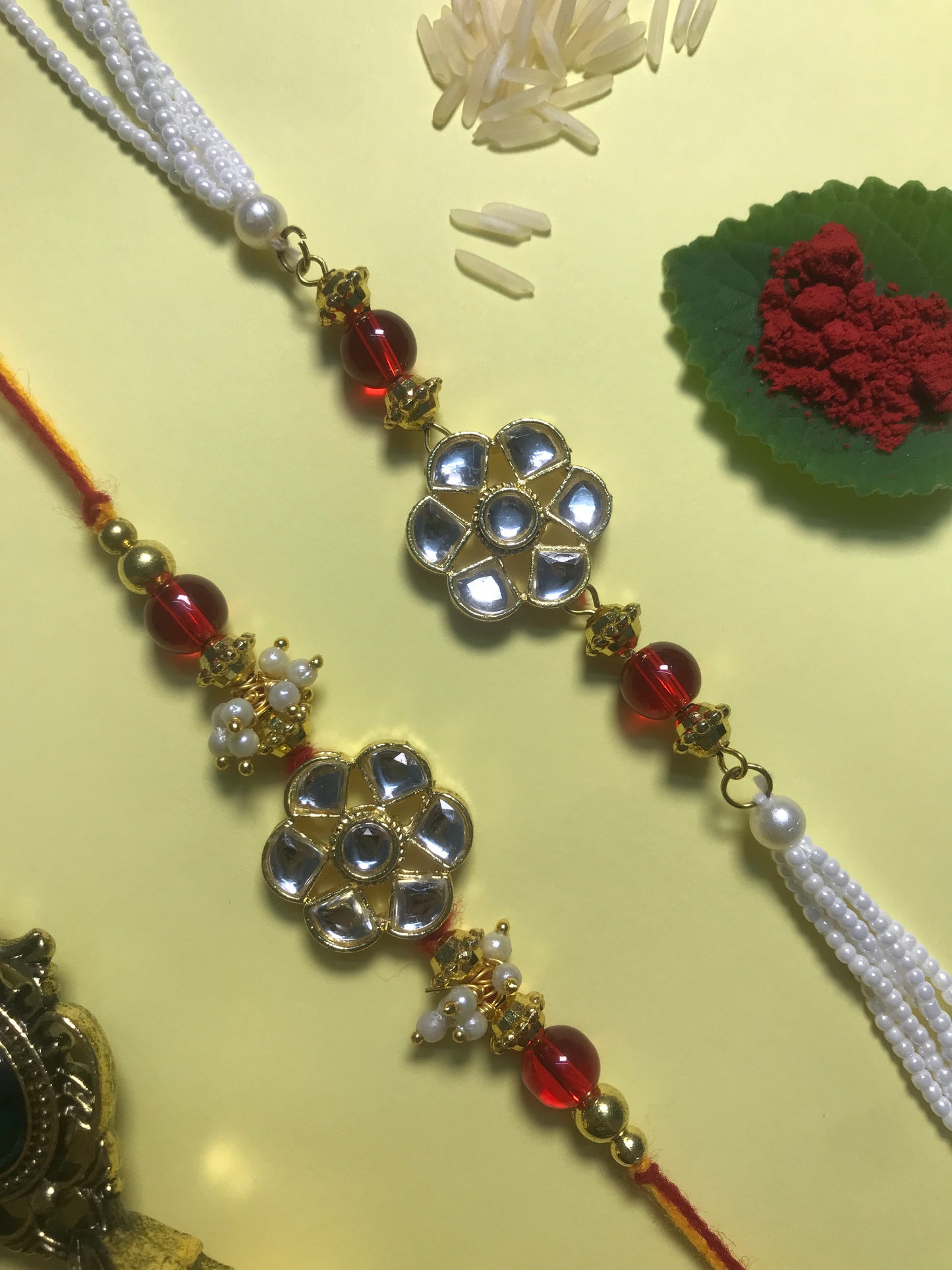 Kundan Pearl Designer Rakhi for Brother – Handmade Traditional Rakhi with Red Beads & Floral Stone Design | Raksha Bandhan Gift 2025