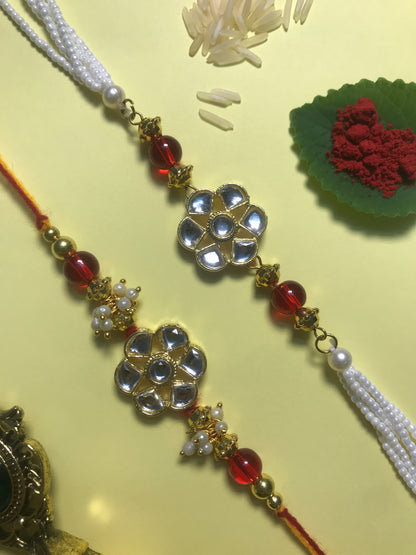 Kundan Pearl Designer Rakhi for Brother – Handmade Traditional Rakhi with Red Beads & Floral Stone Design | Raksha Bandhan Gift 2025
