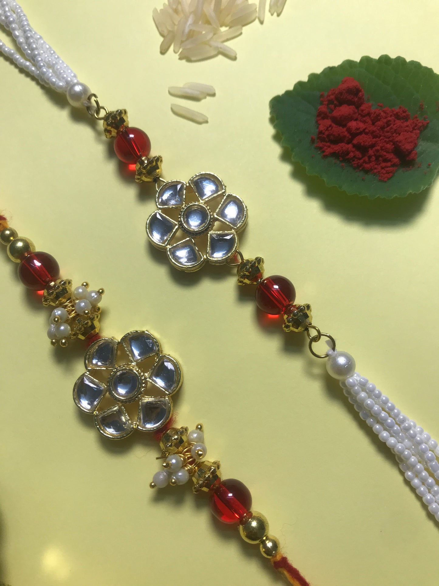 Kundan Pearl Designer Rakhi for Brother – Handmade Traditional Rakhi with Red Beads & Floral Stone Design | Raksha Bandhan Gift 2025