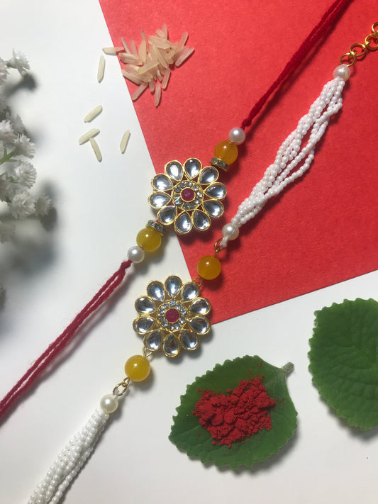Classic Kundan Rakhi for Brother – Handmade Designer Rakhi with Pearl Chain & Yellow Beads
