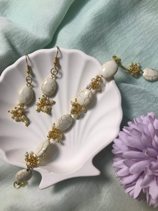 Handmade White Stone Bracelet & Earrings Set with Pearl Beads