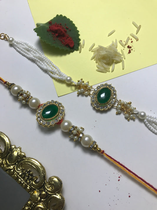Designer Green Stone Pearl Rakhi Online – Handmade Traditional Rakhi for Brother Raksha Bandhan