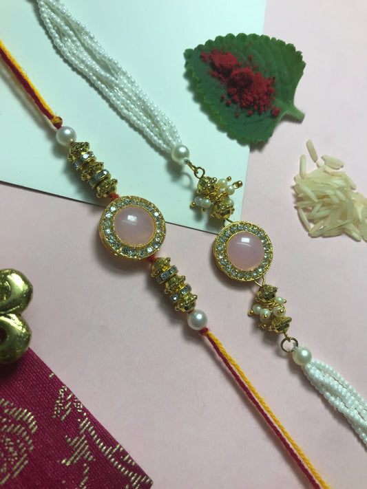 Pink Stone Pearl Rakhi – Handmade Traditional Rakhi for Brother Raksha Bandhan