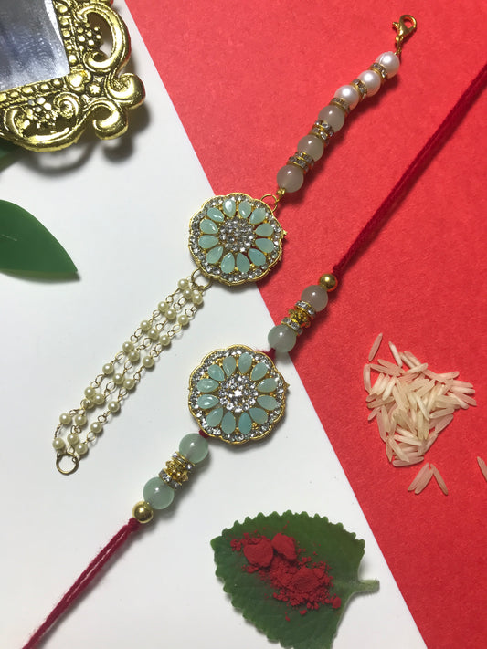 Handcrafted Mint Green Floral Rakhi – Premium Pearl Designer Rakhi for Brother