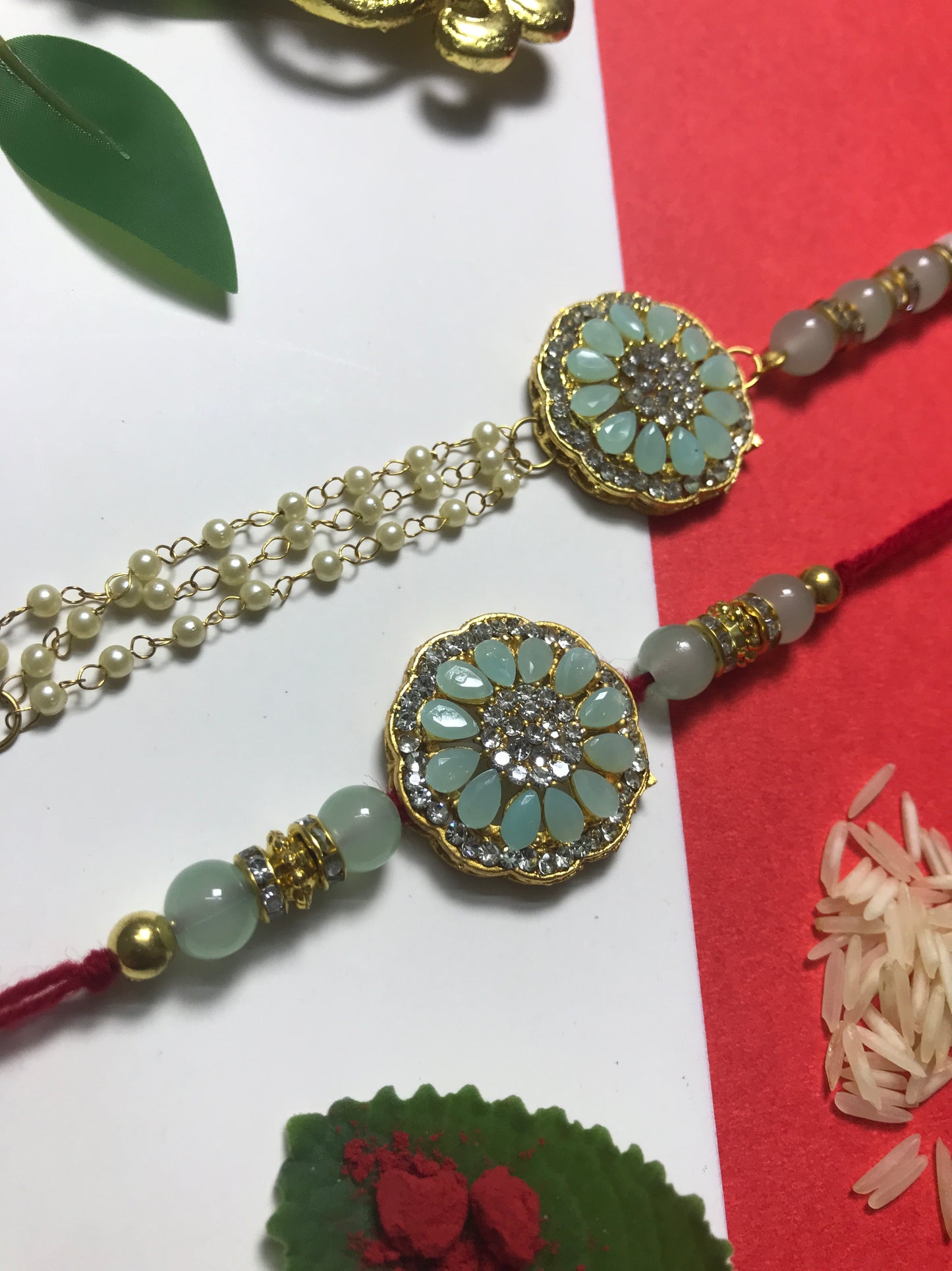 Handcrafted Mint Green Floral Rakhi – Premium Pearl Designer Rakhi for Brother