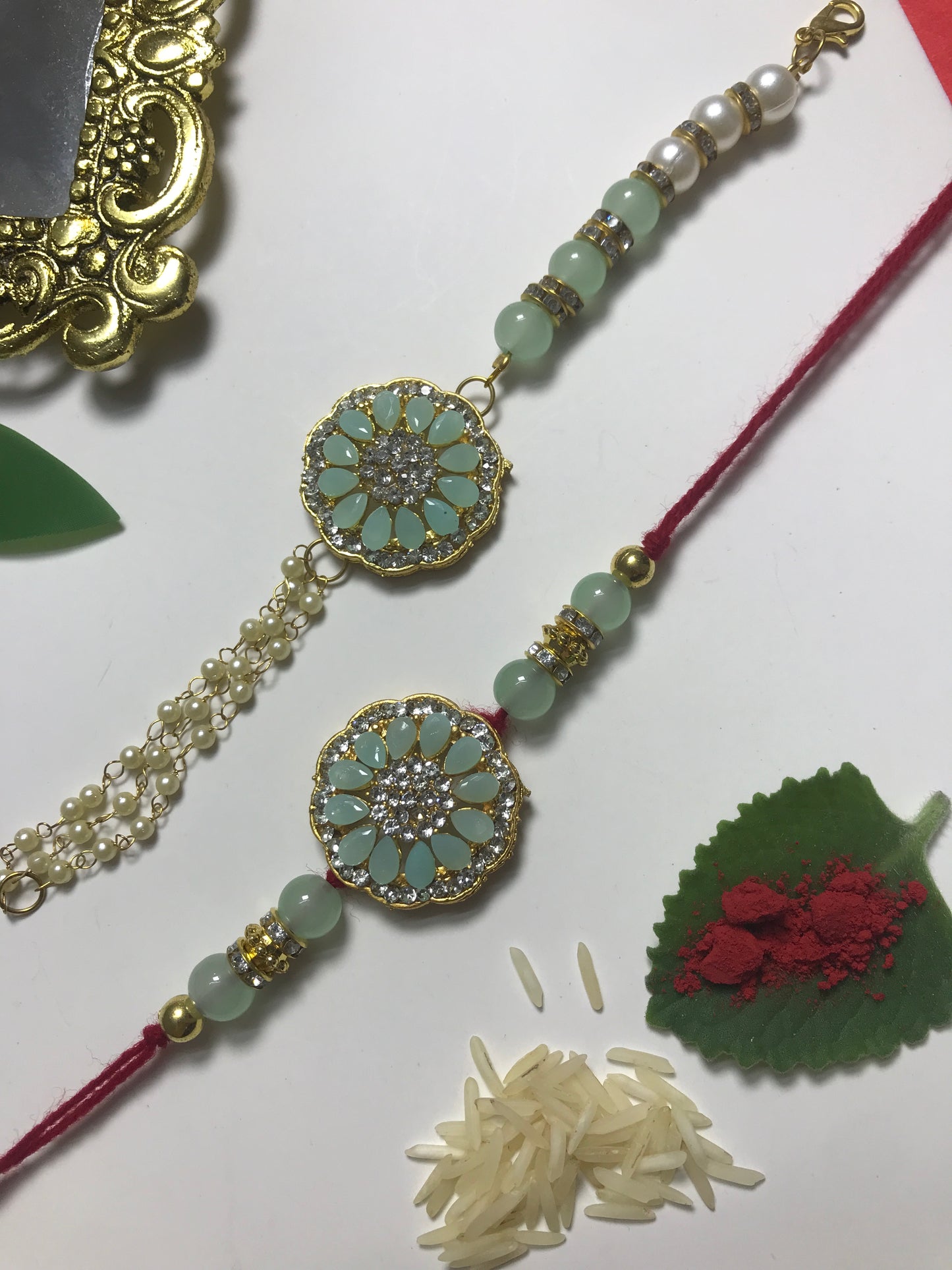 Handcrafted Mint Green Floral Rakhi – Premium Pearl Designer Rakhi for Brother