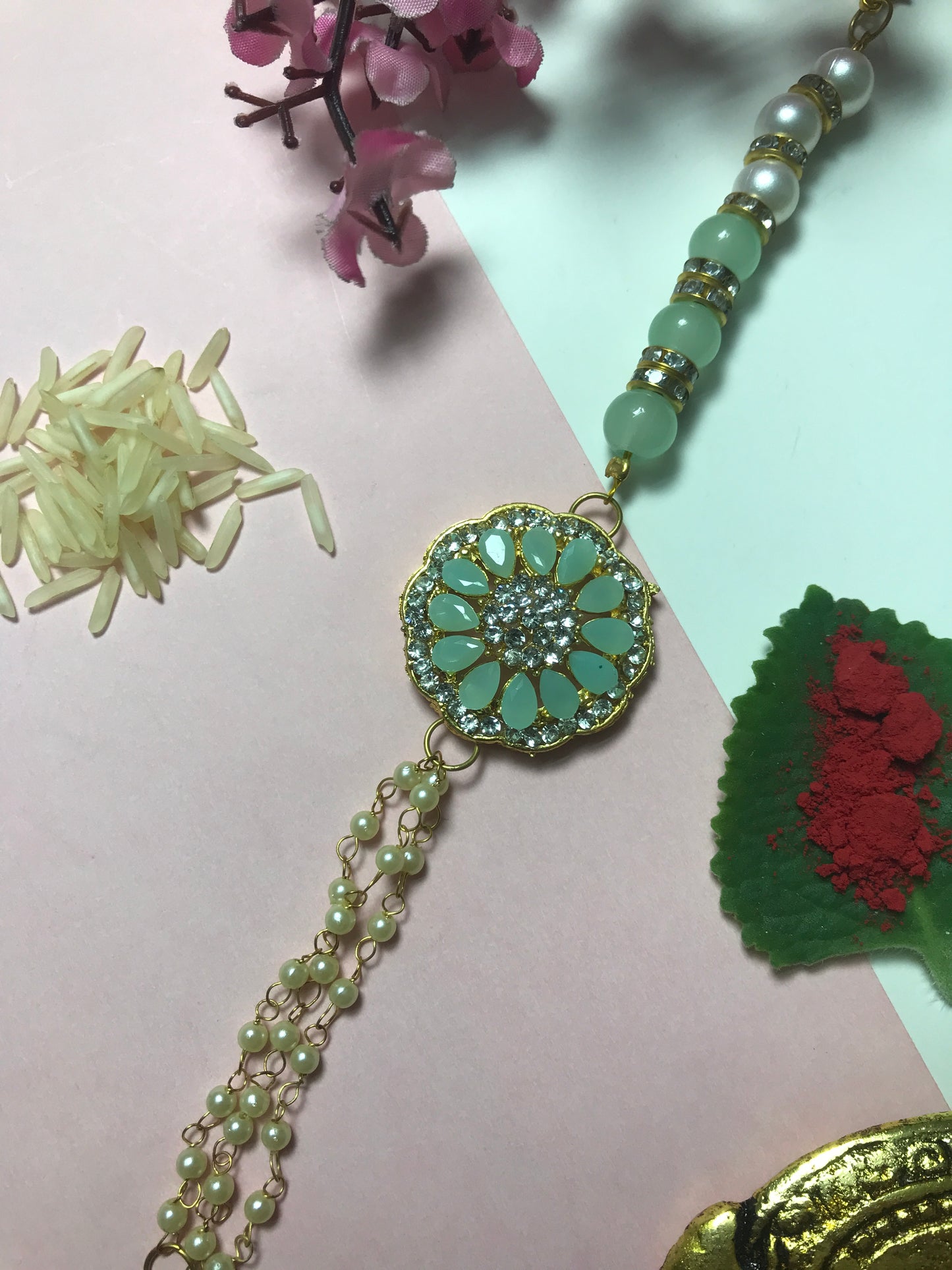 Handcrafted Mint Green Floral Rakhi – Premium Pearl Designer Rakhi for Brother