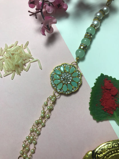Handcrafted Mint Green Floral Rakhi – Premium Pearl Designer Rakhi for Brother