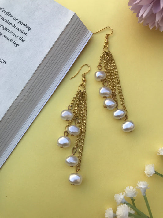 White Pearl Drop Earrings for Women | Handmade Dangle Chain Design